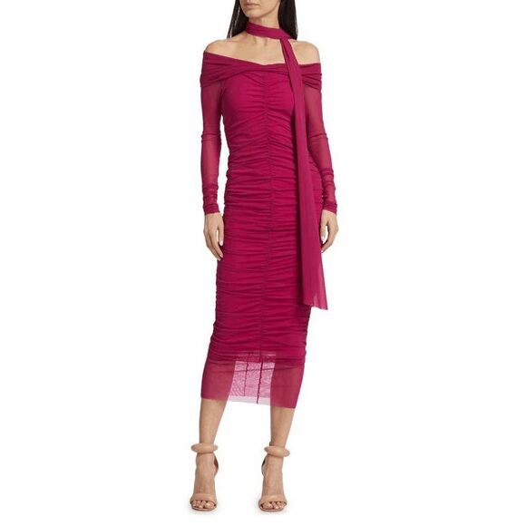 PRABAL GURUNG Wndrlust Adina Ruched Midi-dress In Fuchsia Size Medium $895 - Picture 1 of 9